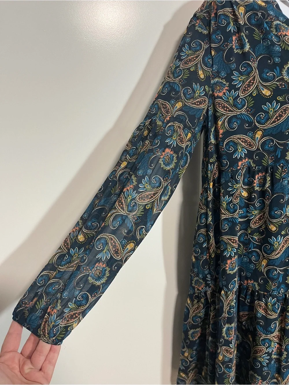 Etherial Gauzy Lightweight Dress Teal Paisley Size Small Faerie Cottage Neck Tie